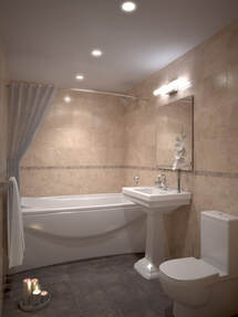 Picture of a smaller clean bathroom, with white porcelain sink, toilet, and basin.
